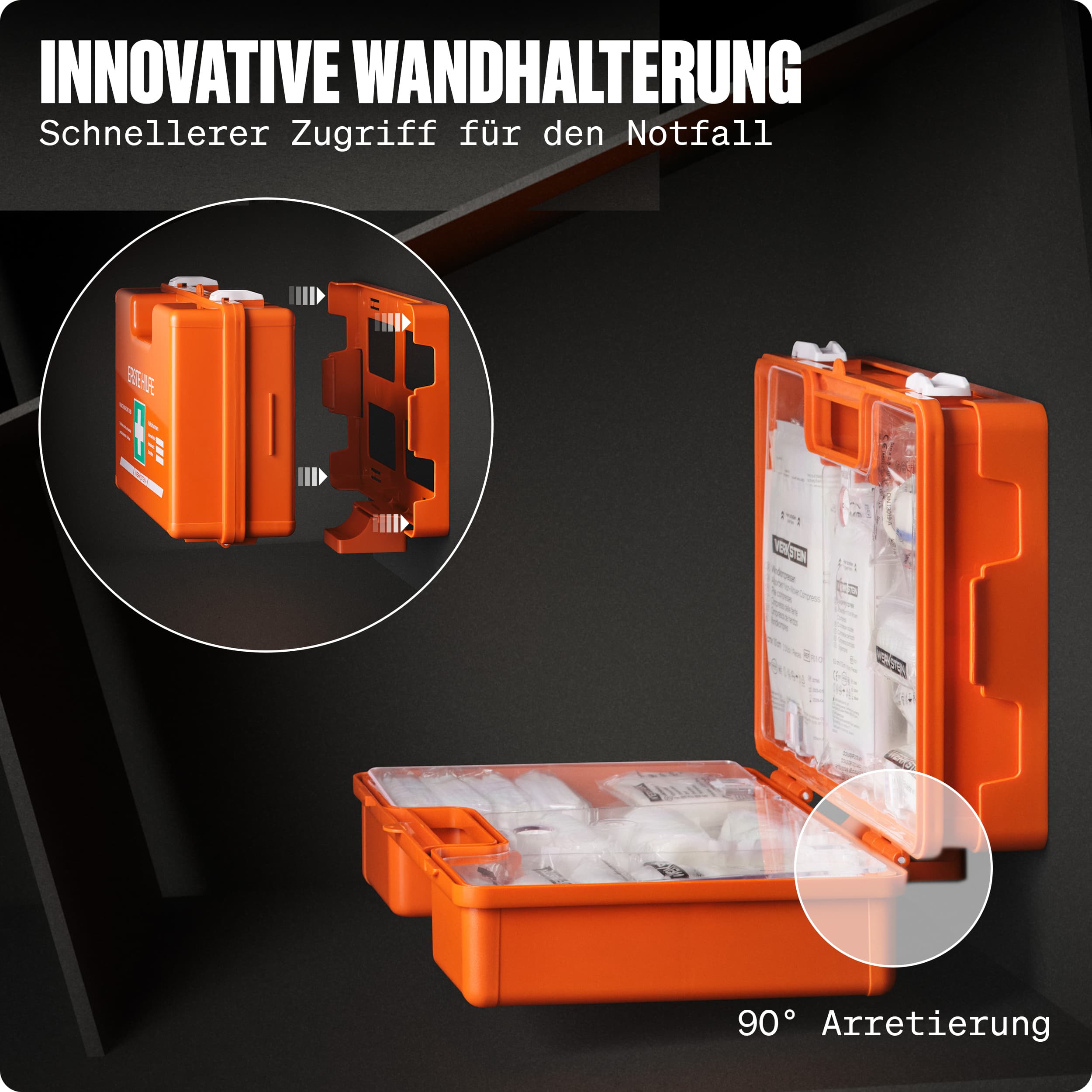 WERKSTEIN Erste Hilfe Verbandskasten ÖNORM Z1020 Typ 1 mit Wandhalterung und 90-Grad-Arretierung