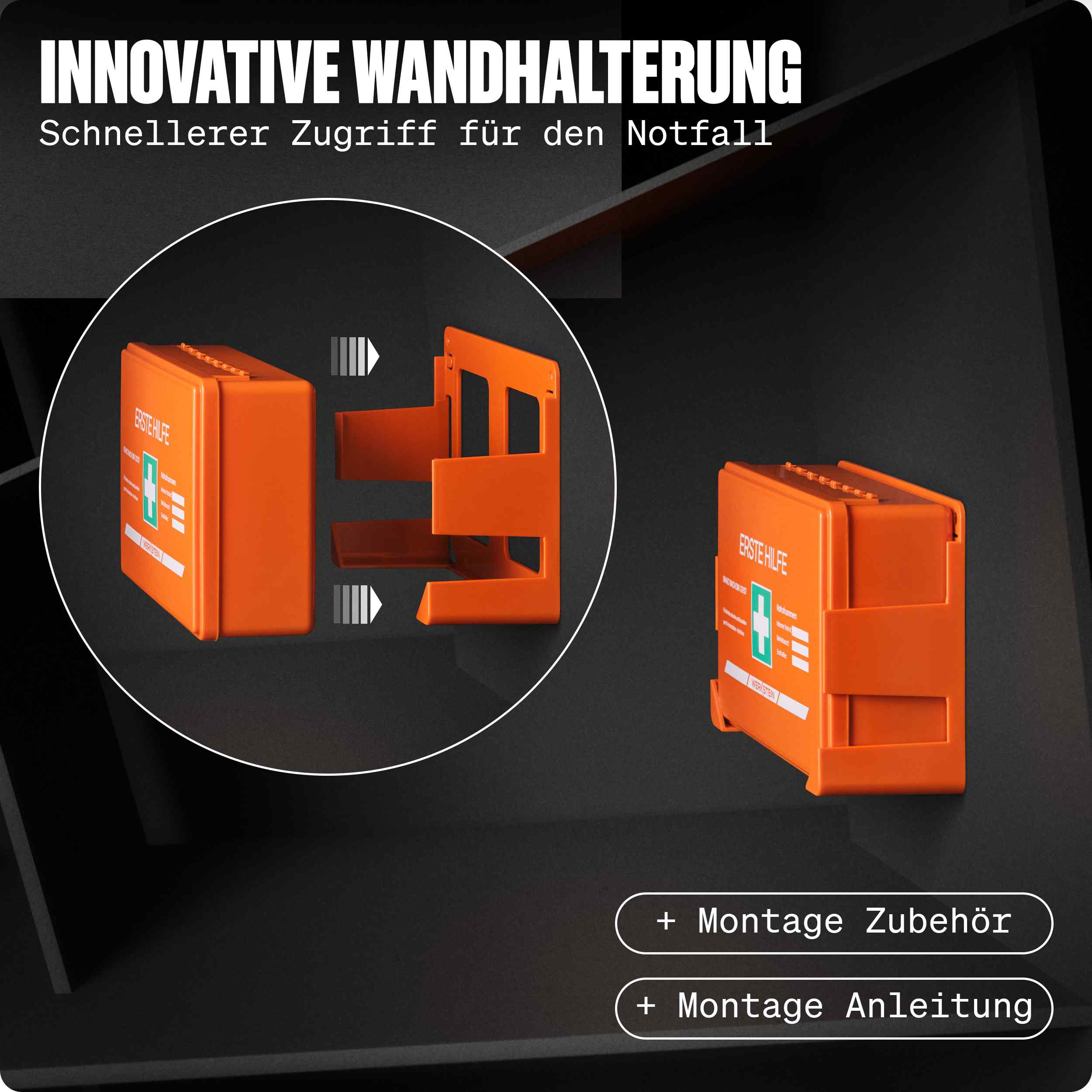WERKSTEIN Erste Hilfe Verbandskasten DIN 13157 mit Wandhalterung, Darstellung der einfachen Entnahme und sicheren Befestigung an der Wand