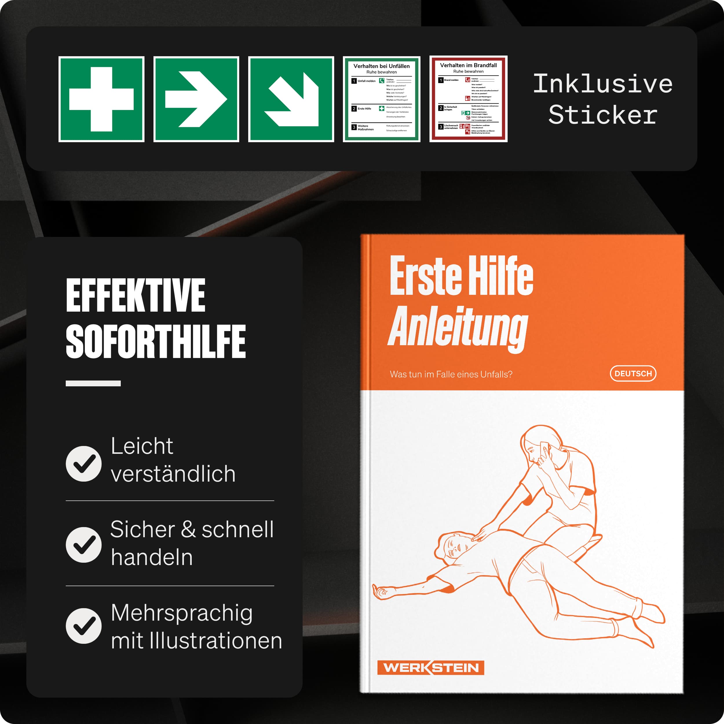 WERKSTEIN Erste Hilfe Verbandskasten ÖNORM Z1020 Typ 1 mit Erste-Hilfe-Anleitung und beiliegenden Sicherheitsaufklebern