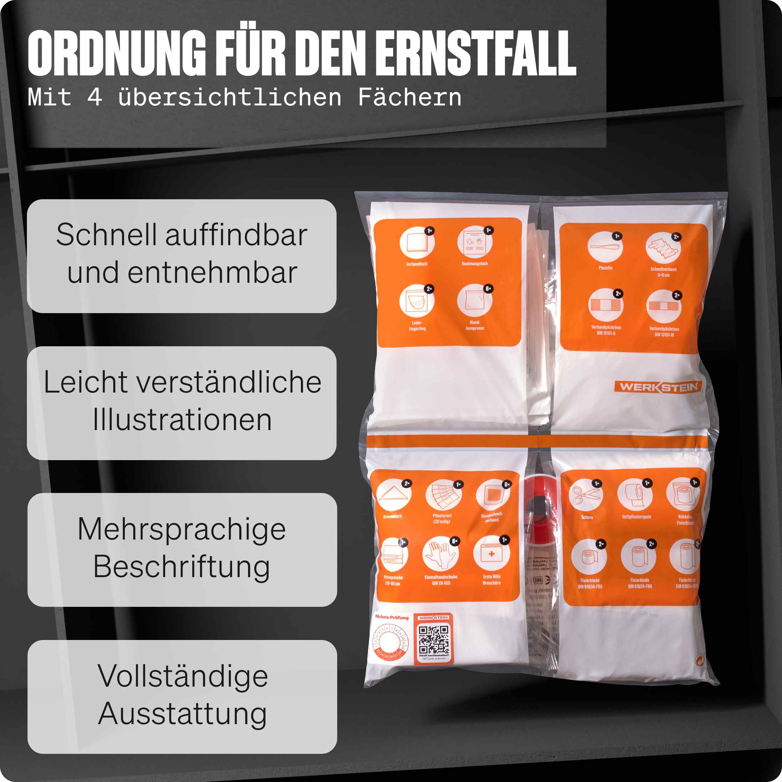 Übersichtliche Innentaschen des Erste-Hilfe-Nachfüllsets ÖNORM Z1020 Typ 1 für schnelle Entnahme im Notfall