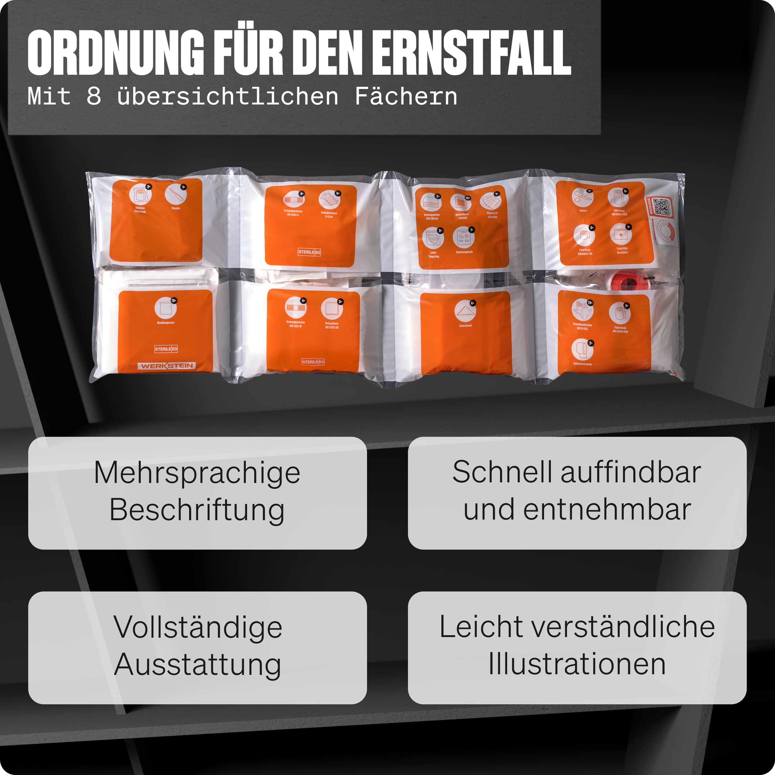 Erste Hilfe Nachfüllset ÖNORM Z1020 Typ 2 mit acht übersichtlichen Innentaschen, einzeln beschriftete Fächer für Verbandsmaterial zur schnellen Orientierung im Notfall