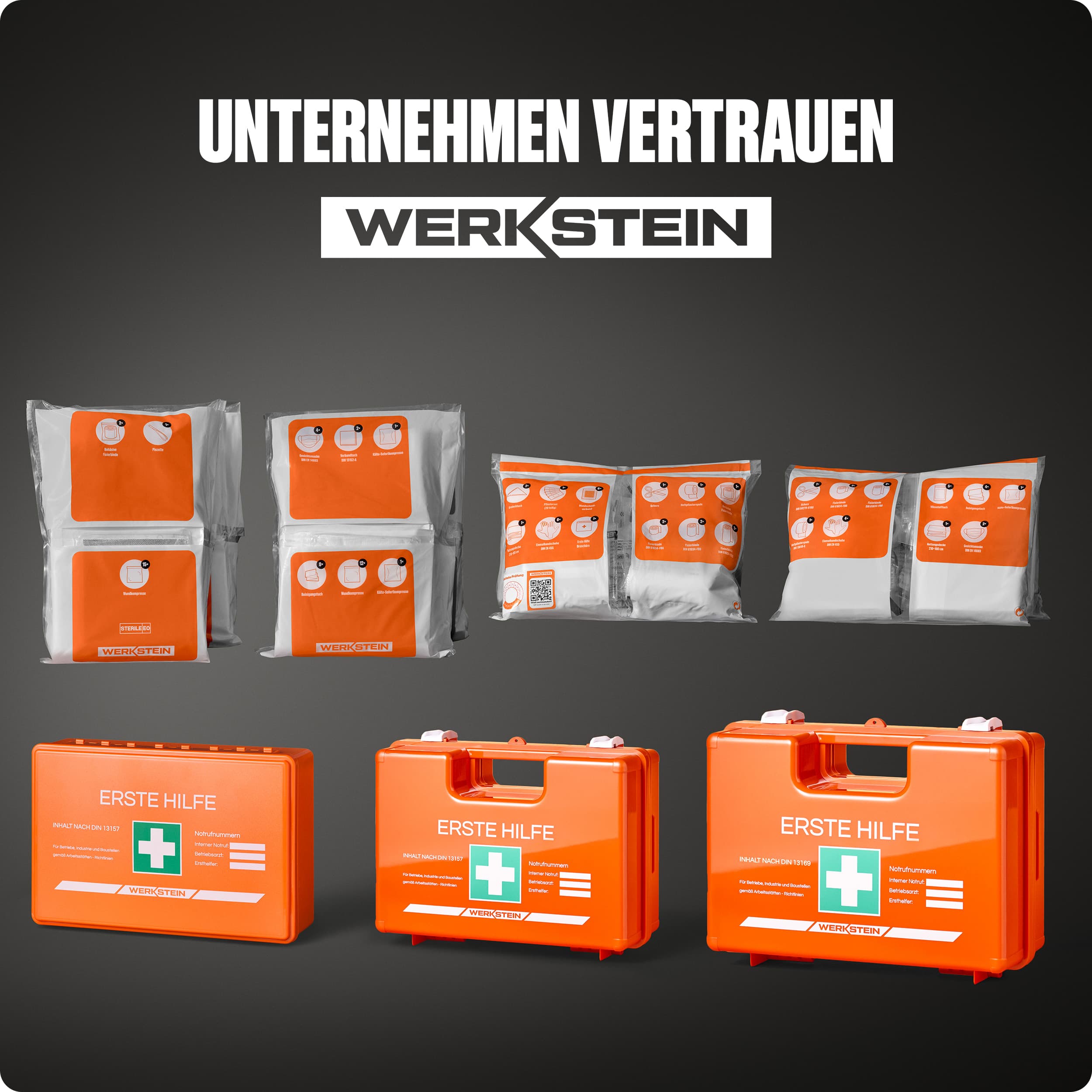 Erste Hilfe Nachfüllset ÖNORM Z1020 Typ 2 - Verschiedene Koffergrößen übersichtlich dargestellt.