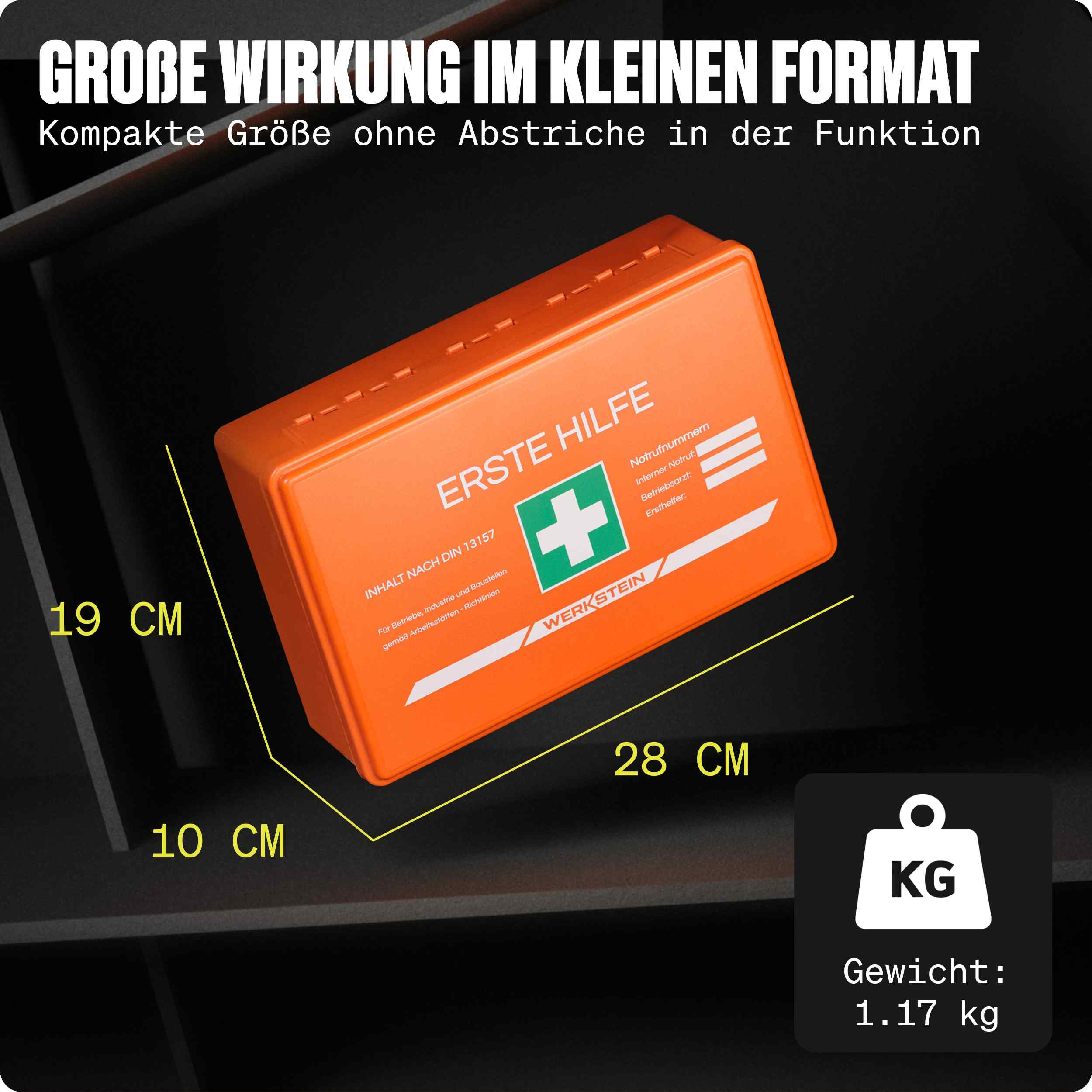 WERKSTEIN Erste Hilfe Verbandskasten DIN 13157 mit Maßangaben 28 × 19 × 10 cm und einem Gewicht von 1,17 kg
