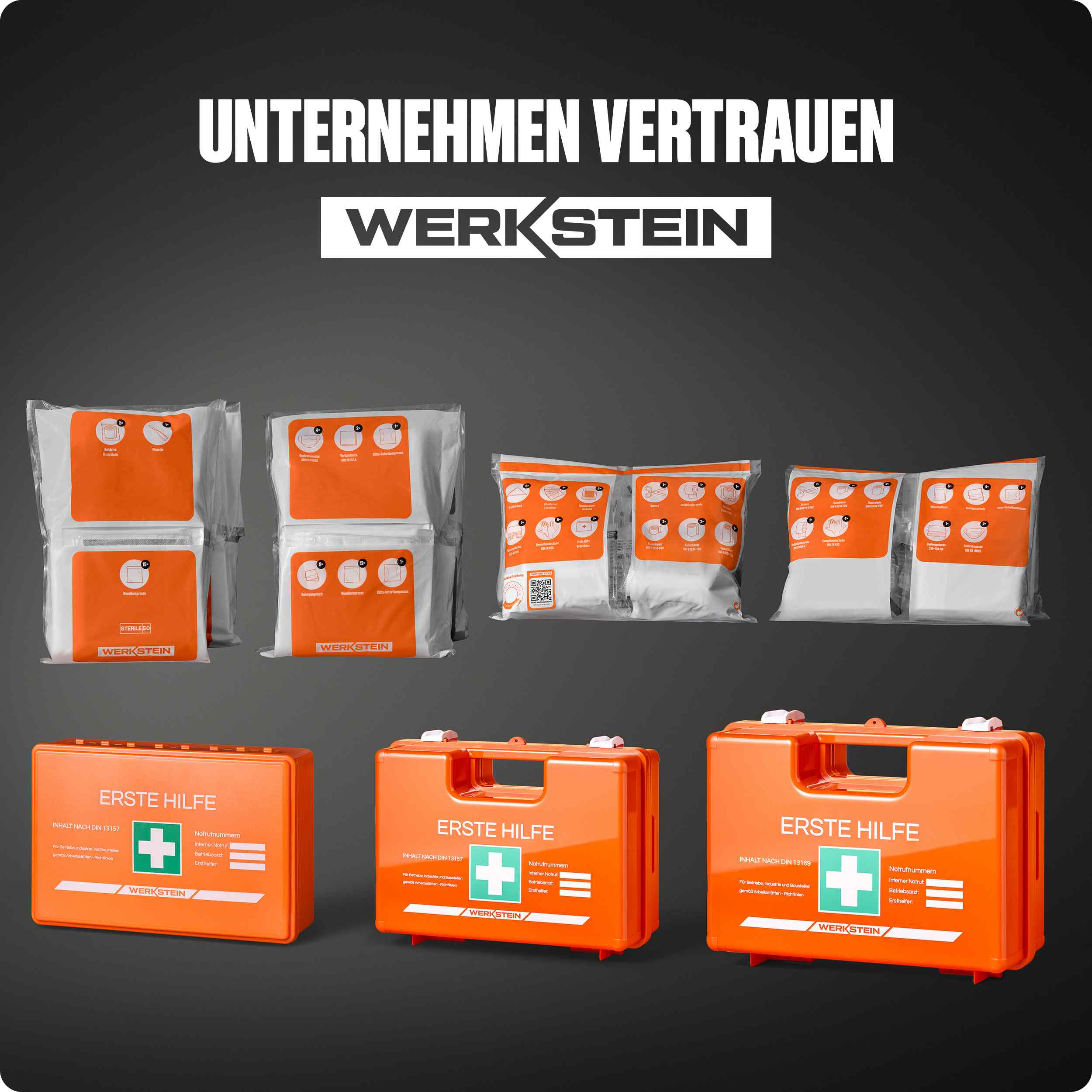 Werkstein Erste-Hilfe-Nachfüllsets für ÖNORM Z1020 Typ 1 - Verschiedene Koffergrößen übersichtlich dargestellt.