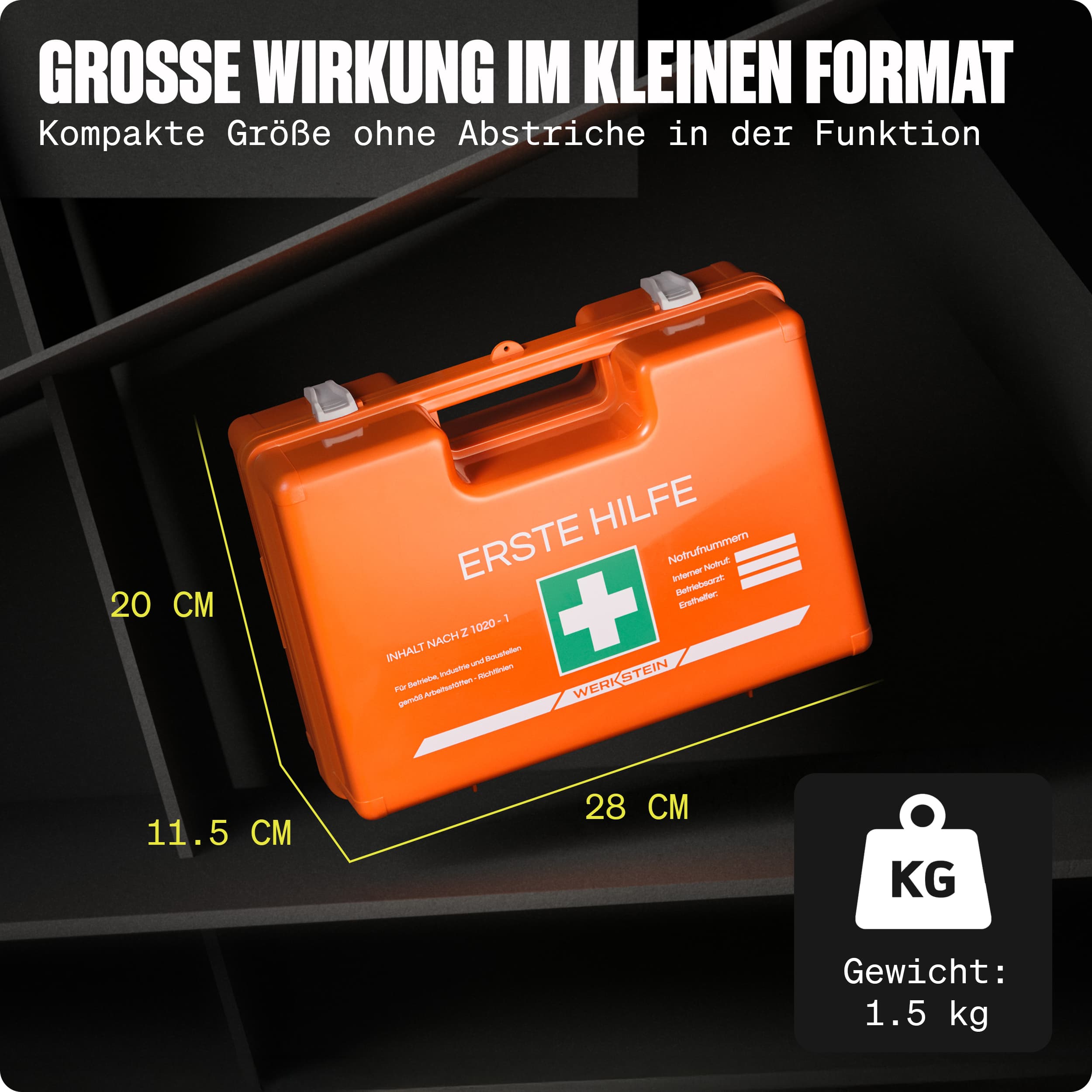 WERKSTEIN Erste Hilfe Kasten ÖNORM Z1020 Typ 1 mit Maßen 28 × 20 × 11,5 cm und 1,5 kg Gewicht