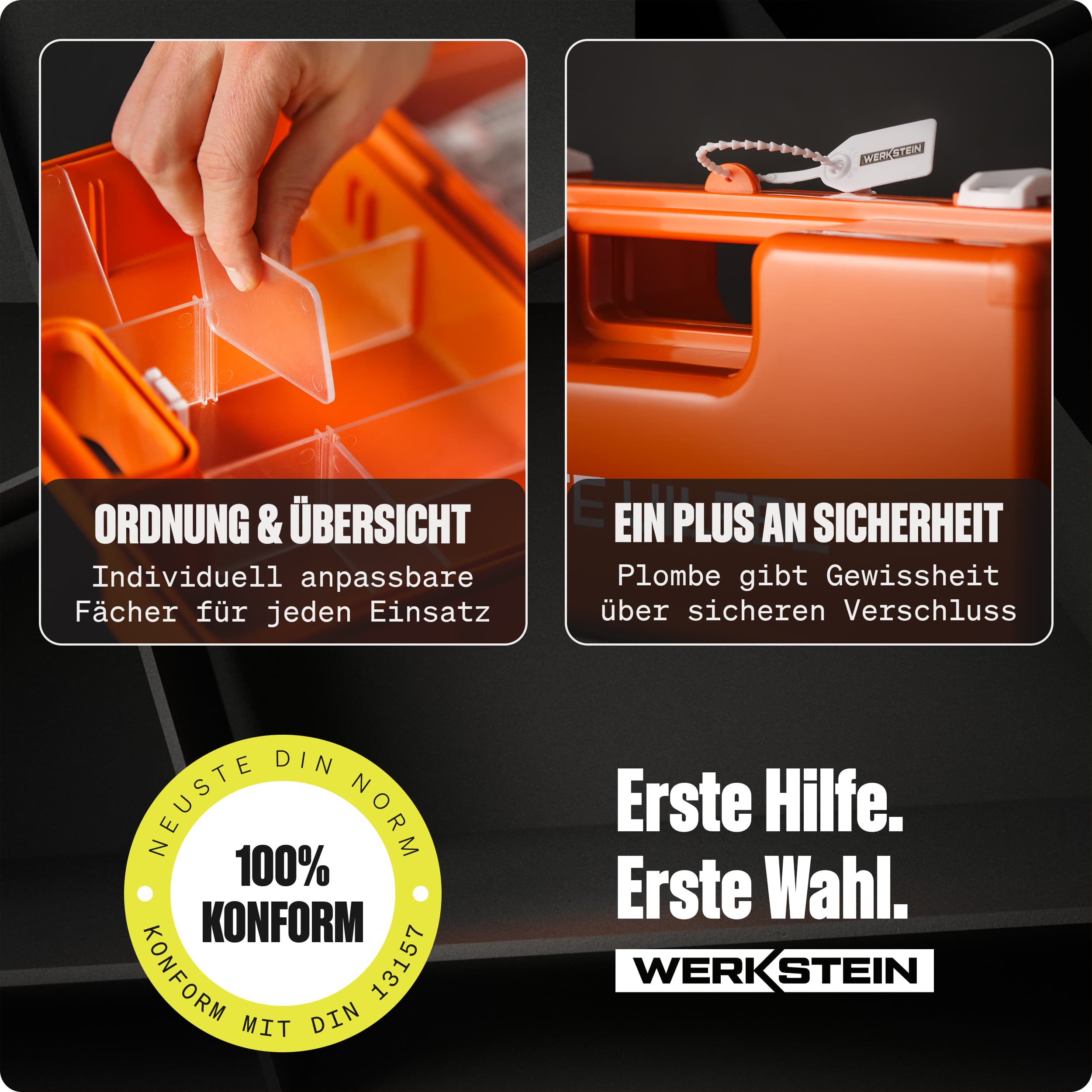 Innenfächer des WERKSTEIN Erste-Hilfe-Koffers DIN 13169 und Sicherheitsplombe