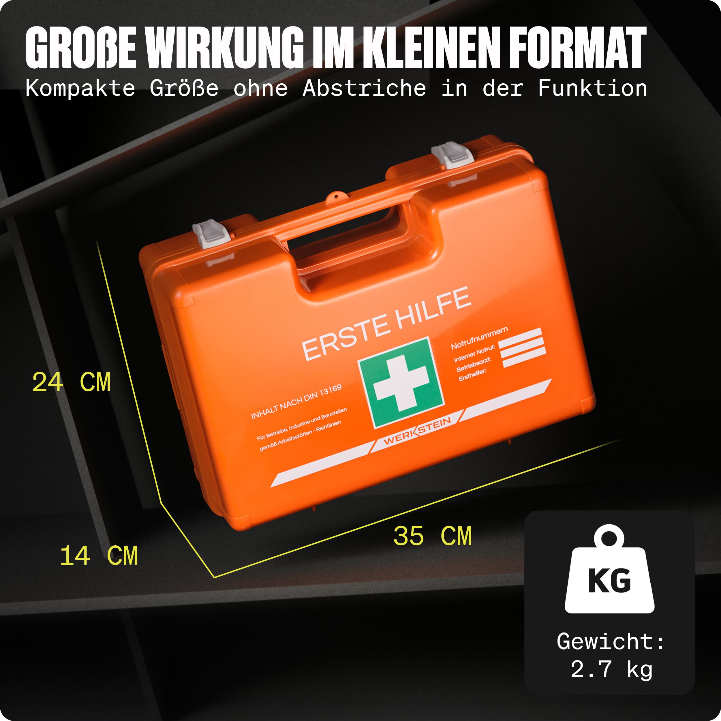 Orangefarbener WERKSTEIN Erste-Hilfe-Koffer DIN 13169 mit Maßangaben und 2,7-kg-Gewicht