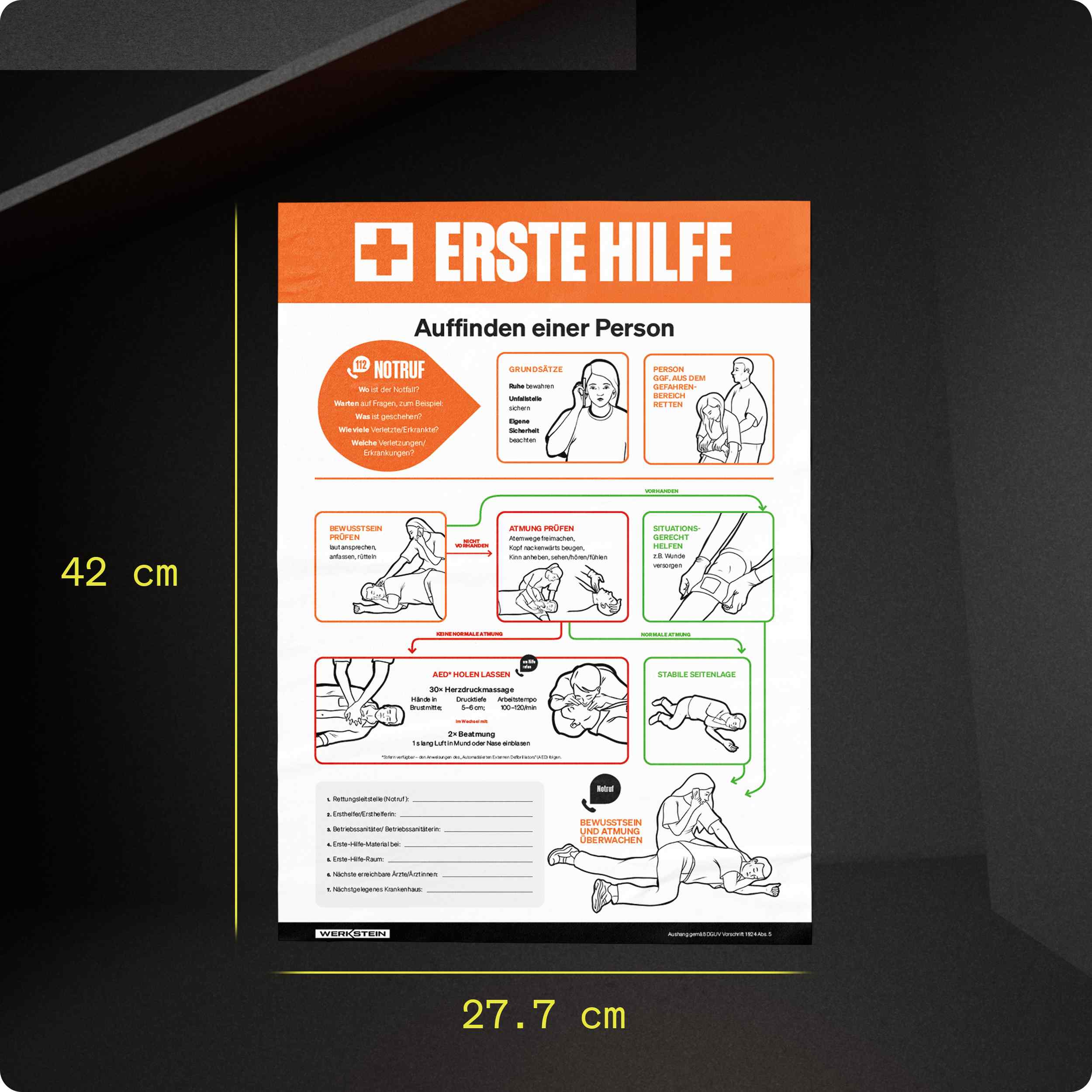 Erste Hilfe Plakat DGUV 277x420 mit Maßangaben 27,7 x 42 cm zur normgerechten Darstellung am Arbeitsplatz