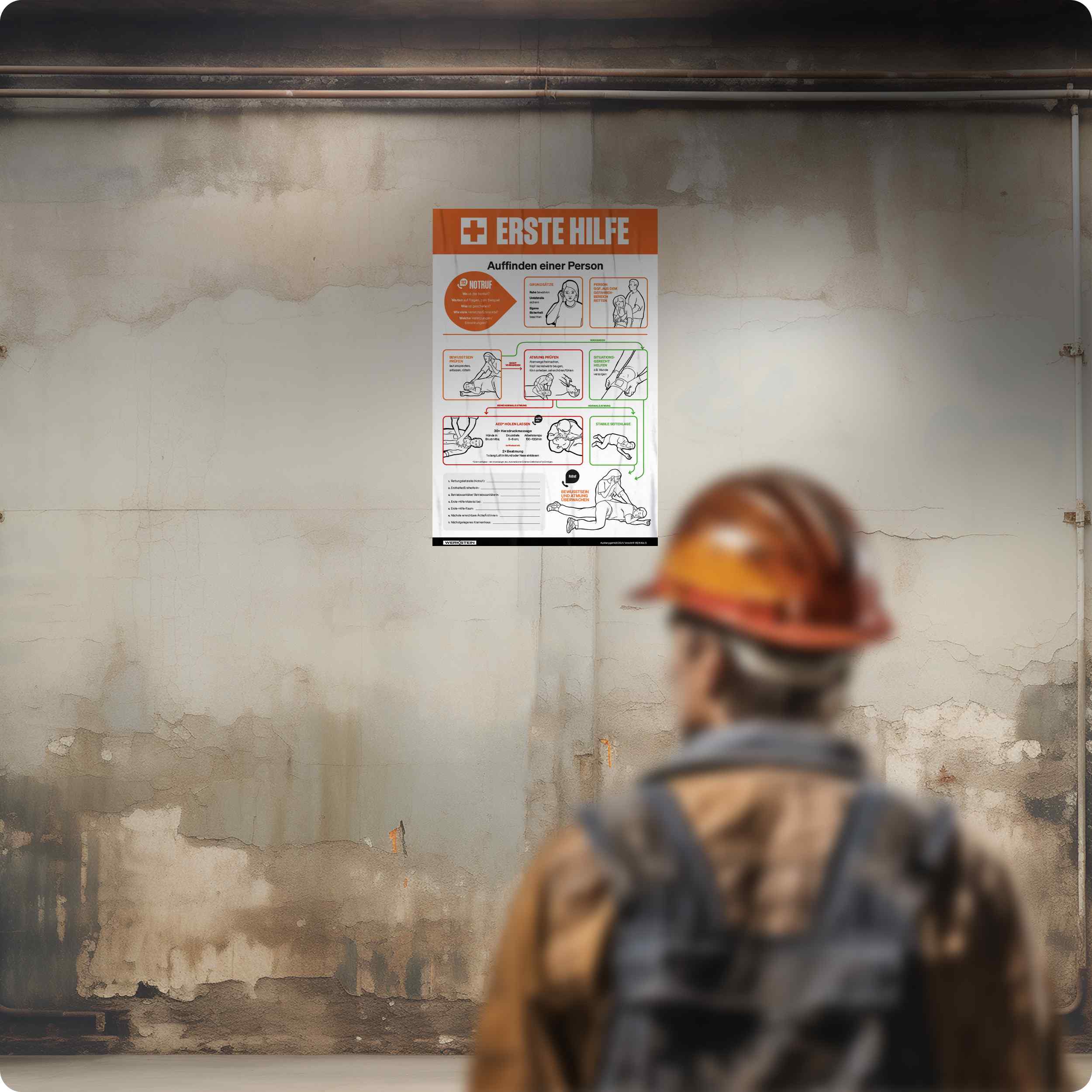 Erste Hilfe Plakat DGUV 277x420 im Industriebereich, gut sichtbar an der Wand montiert zur schnellen Orientierung bei Notfällen
