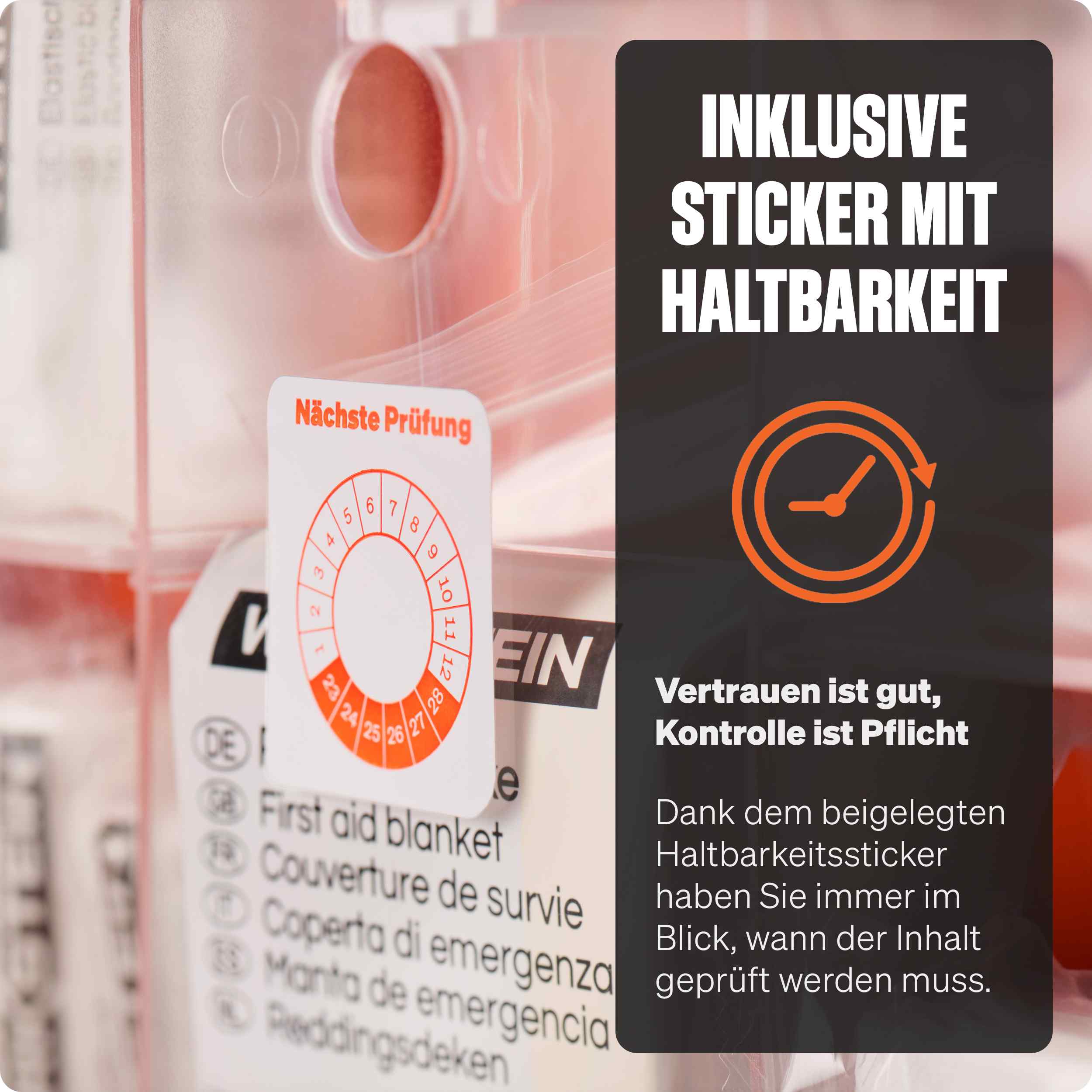 Haltbarkeitssticker zur Prüfdatumskennzeichnung im WERKSTEIN Erste-Hilfe-Nachfüllset DIN 13169