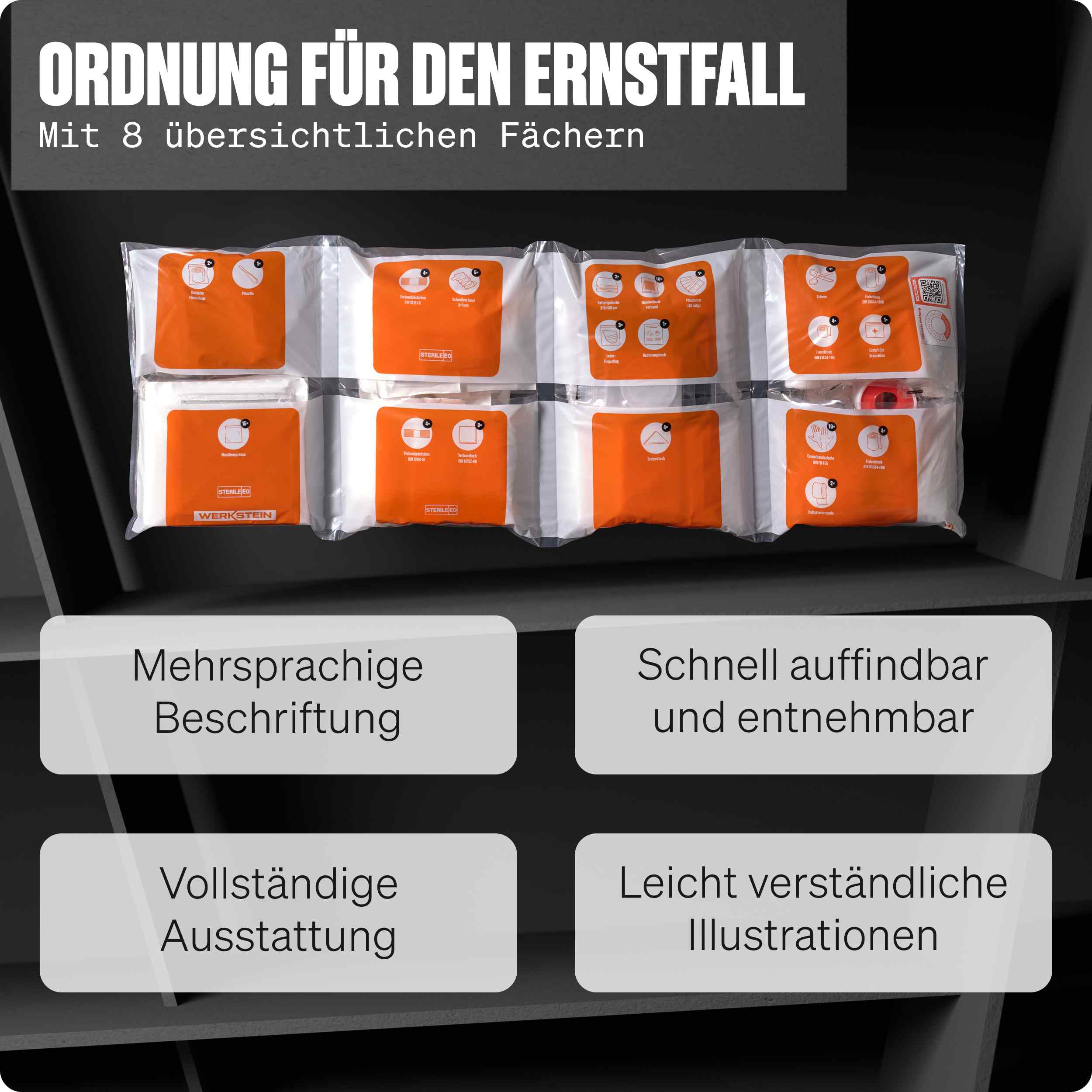 Innenaufteilung des WERKSTEIN Erste-Hilfe-Nachfüllsets DIN 13169 mit übersichtlich sortierten Modultaschen