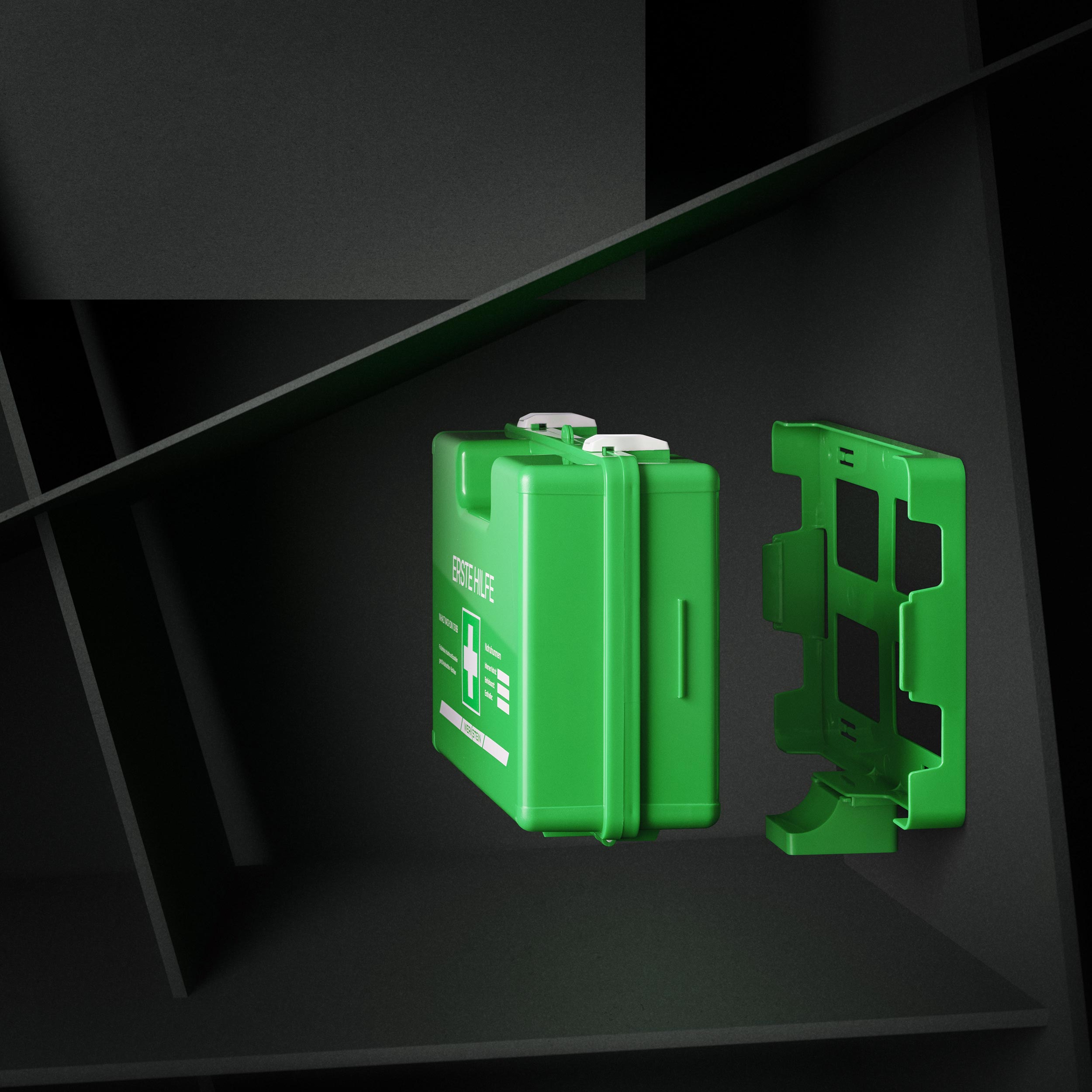 Erste-Hilfe-Koffer DIN 13157 grün, aus der Wandhalterung herausnehmbar