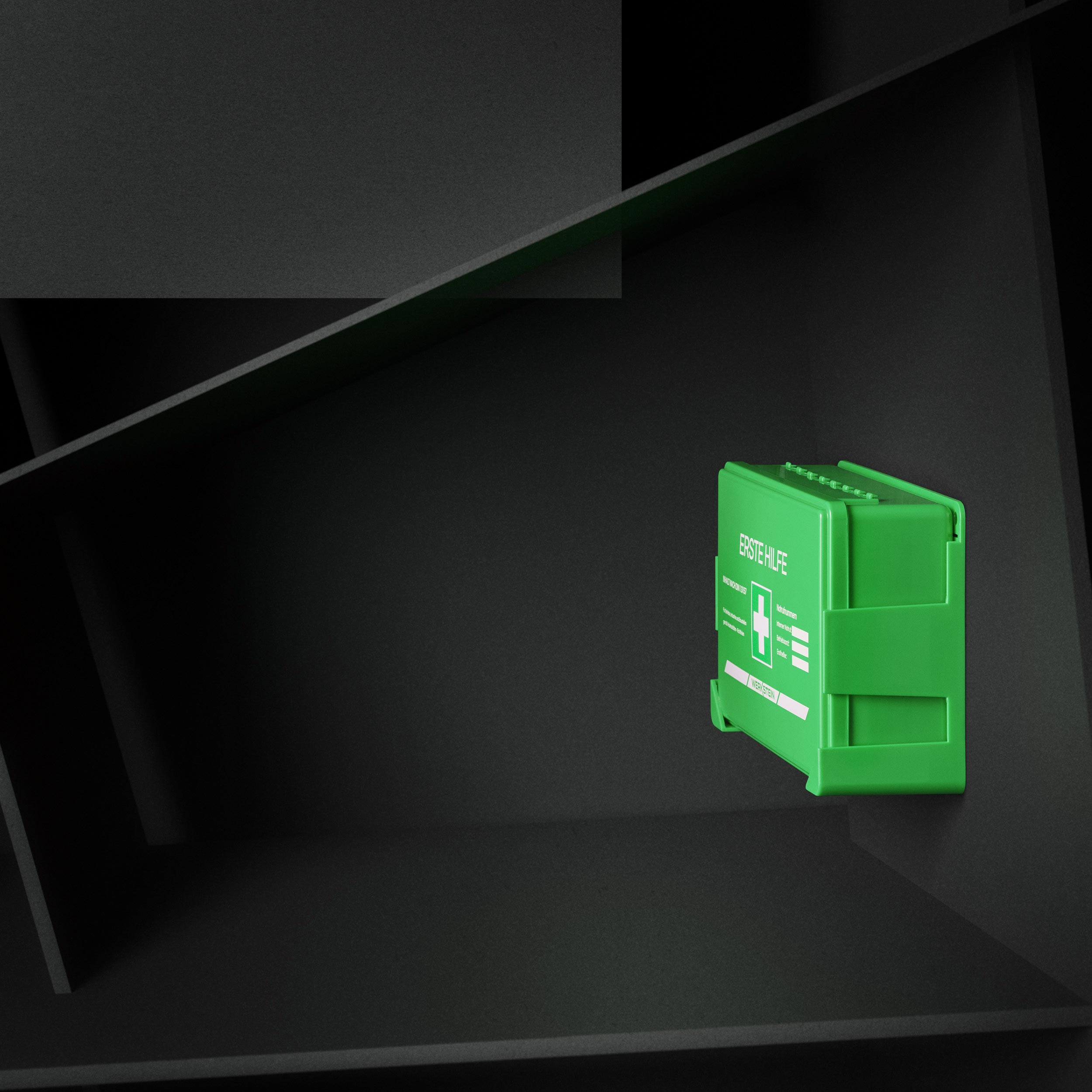 Wandmontierter kompakter Erste-Hilfe-Koffer DIN 13157 in grüner Ausführung