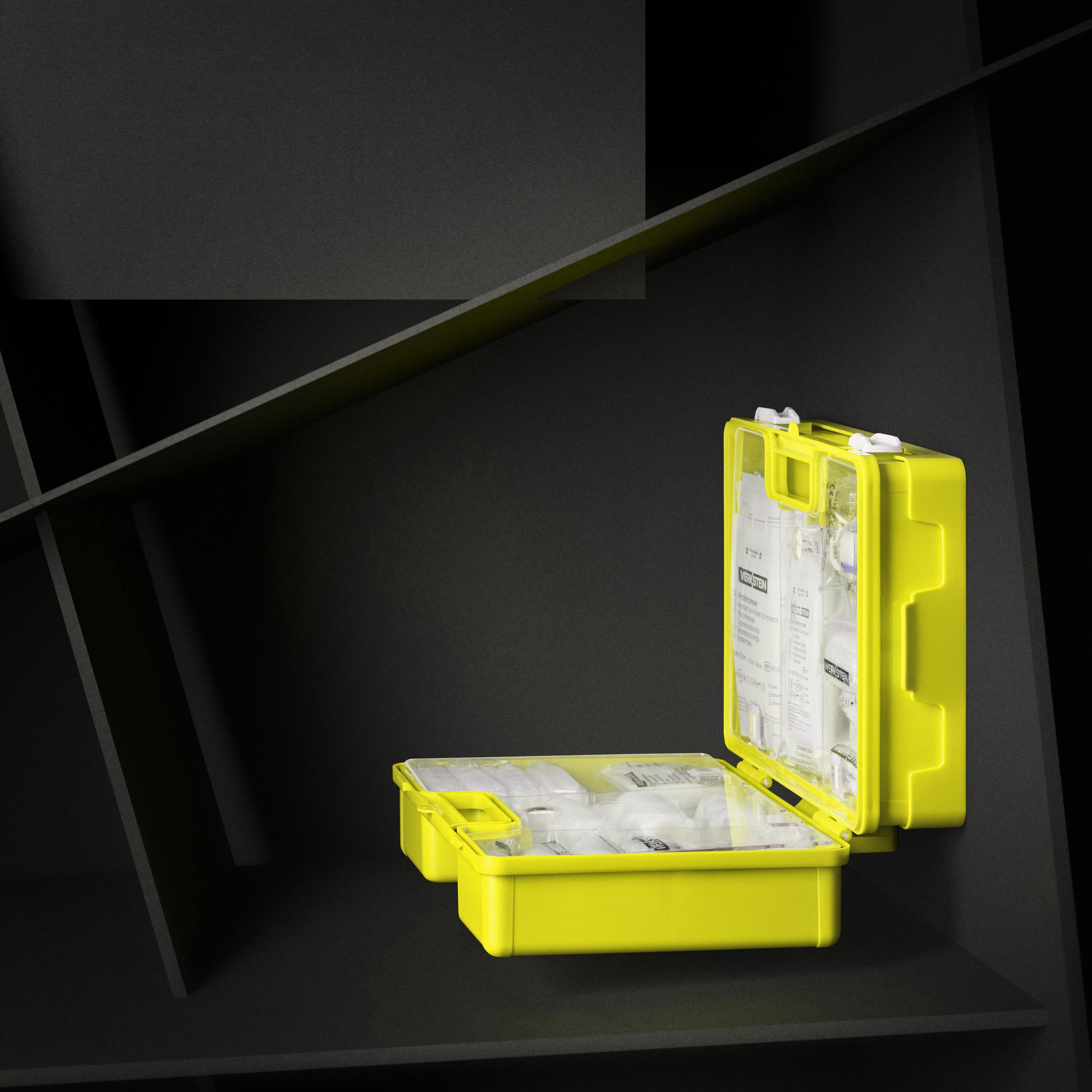 Erste-Hilfe-Koffer DIN 13157 gelb, geöffnet mit 90-Grad-Arretierung