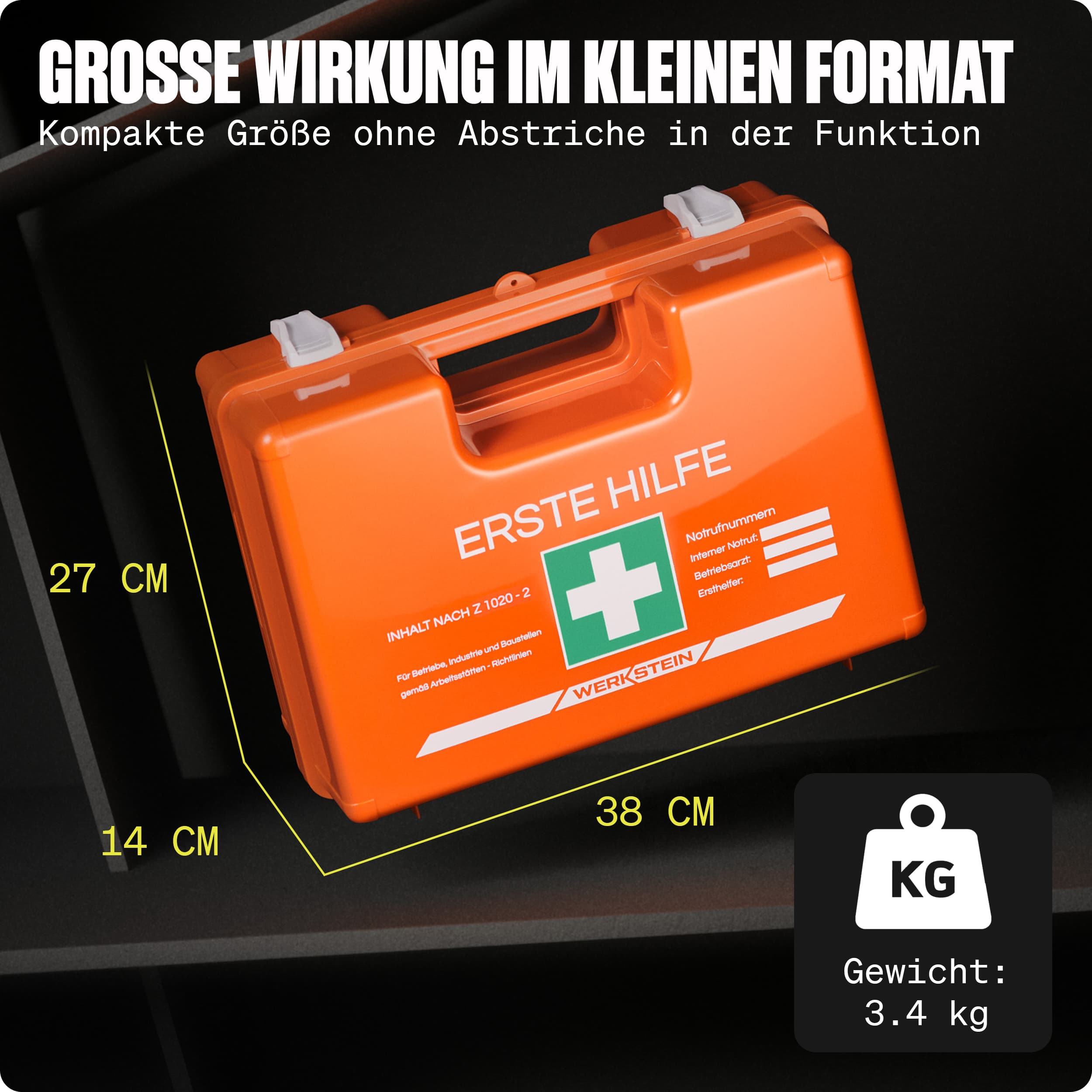 WERKSTEIN Erste Hilfe Verbandskasten ÖNORM Z1020 Typ2 mit Maßangaben 38 × 14 × 27 cm und einem Gewicht von 3,4 kg