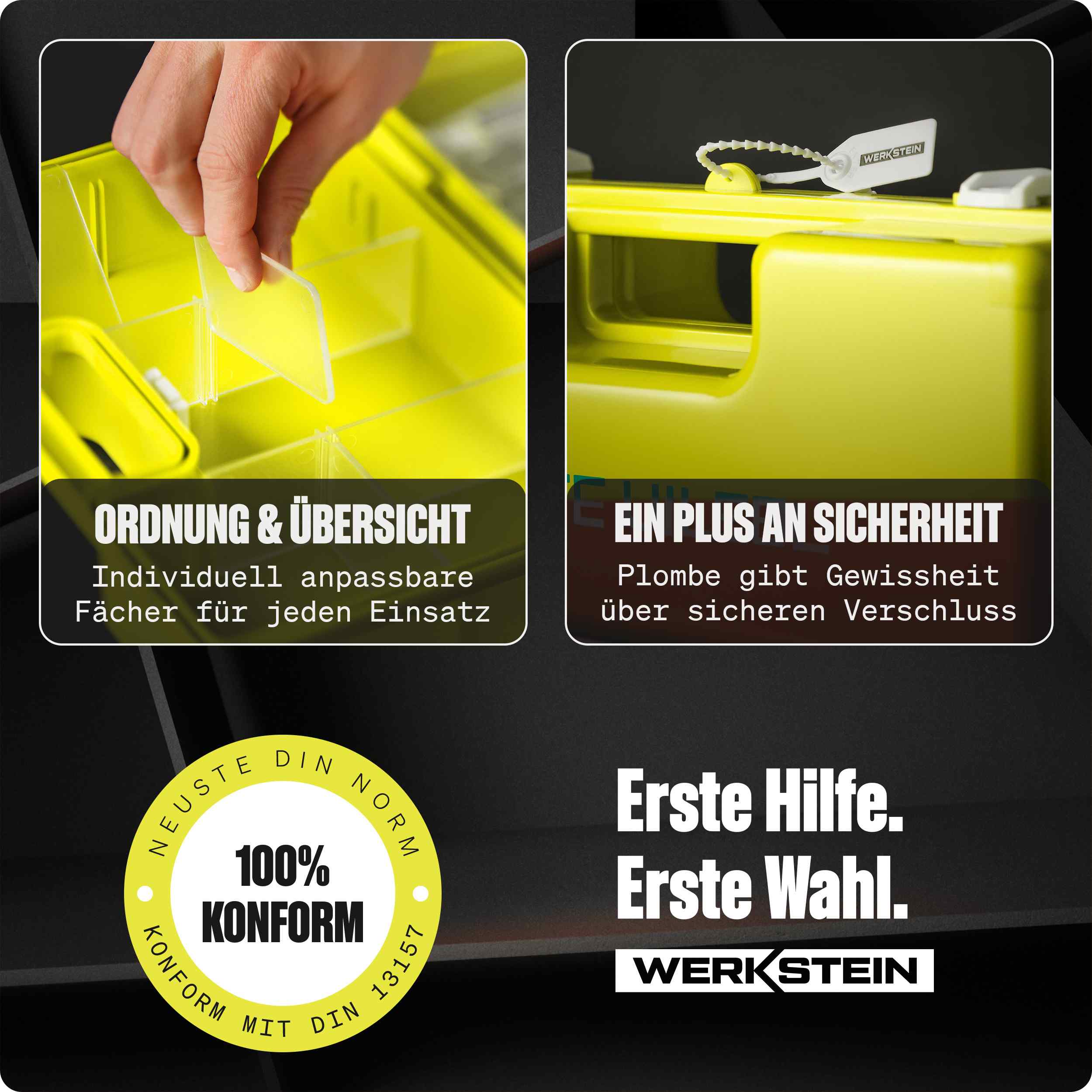 WERKSTEIN Erste Hilfe Verbandskasten DIN 13157 gelb mit Innenordnung und Sicherheitsplombe
