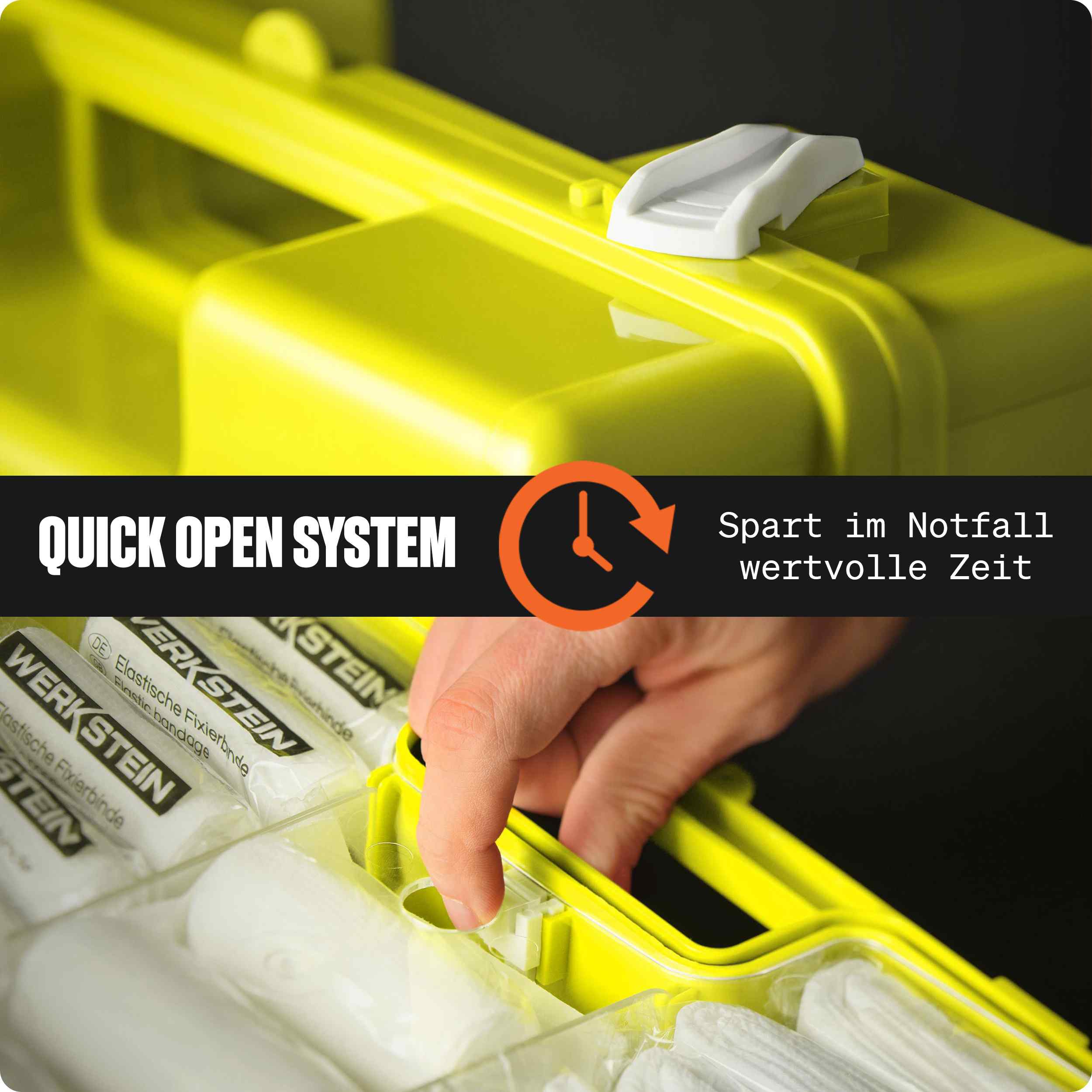 WERKSTEIN Erste Hilfe Verbandskasten DIN 13157 gelb mit Quick-Open-System