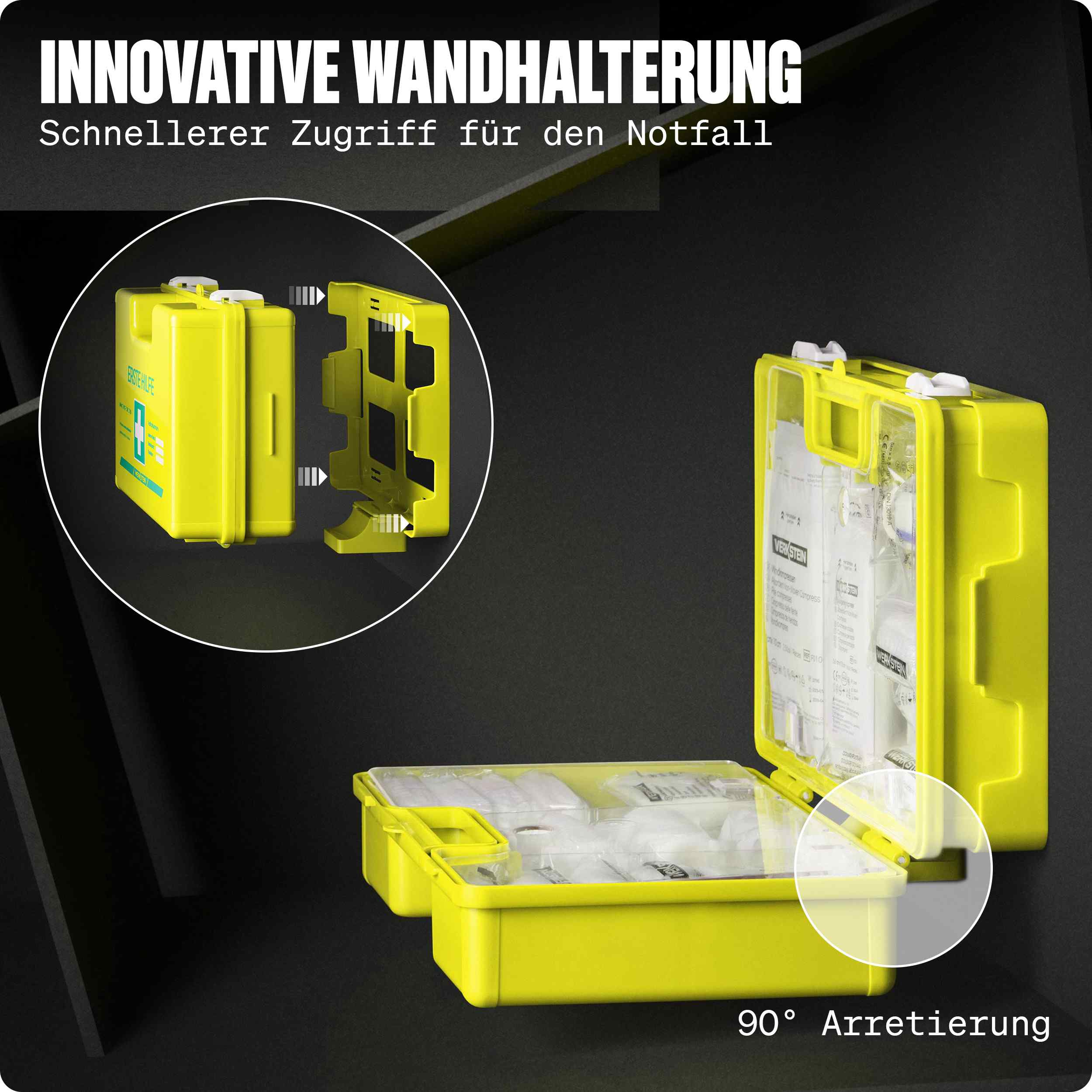 WERKSTEIN Erste Hilfe Verbandskasten DIN 13157 gelb mit Wandhalterung