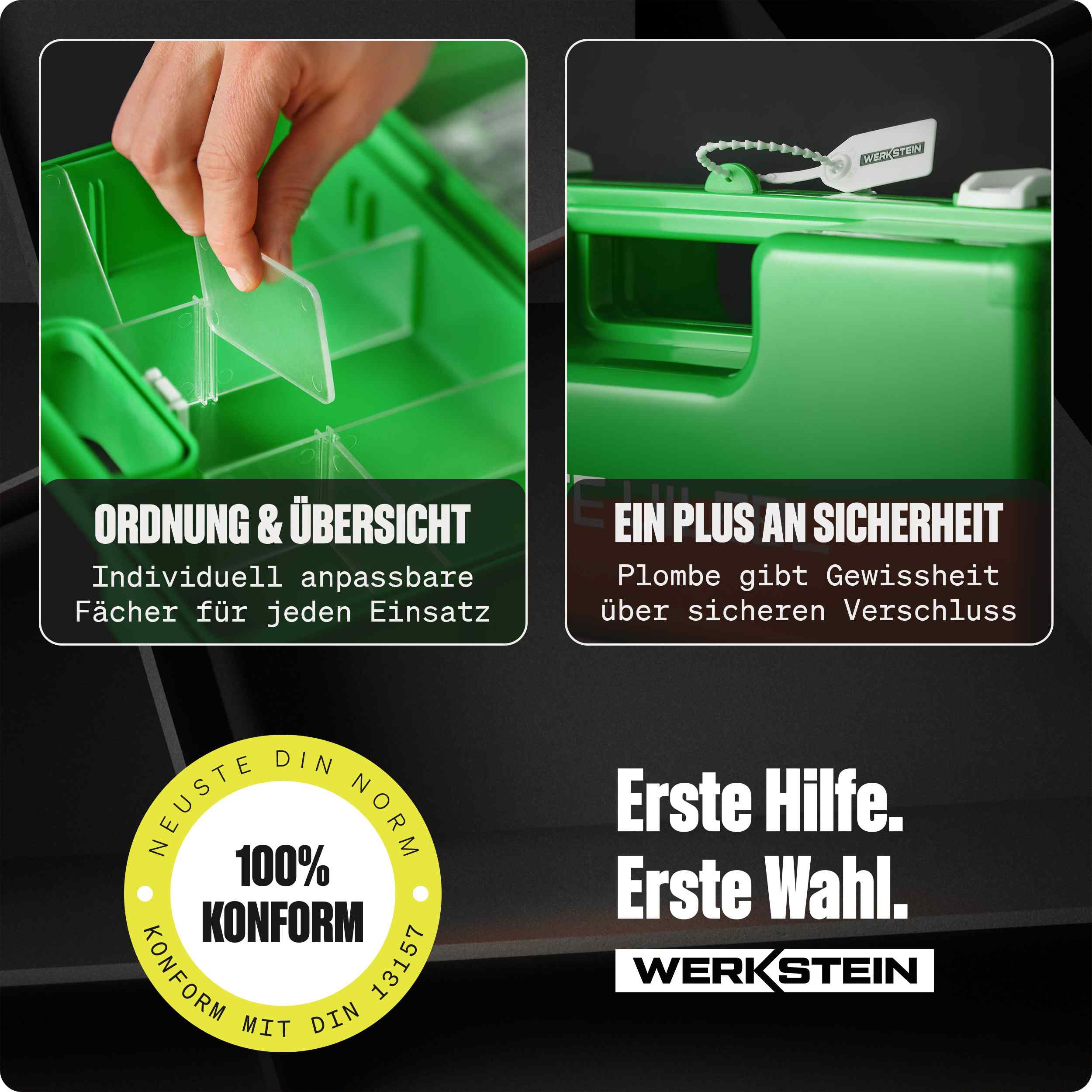 WERKSTEIN Erste Hilfe Verbandskasten DIN 13157 grün mit Innenordnung und Plombe