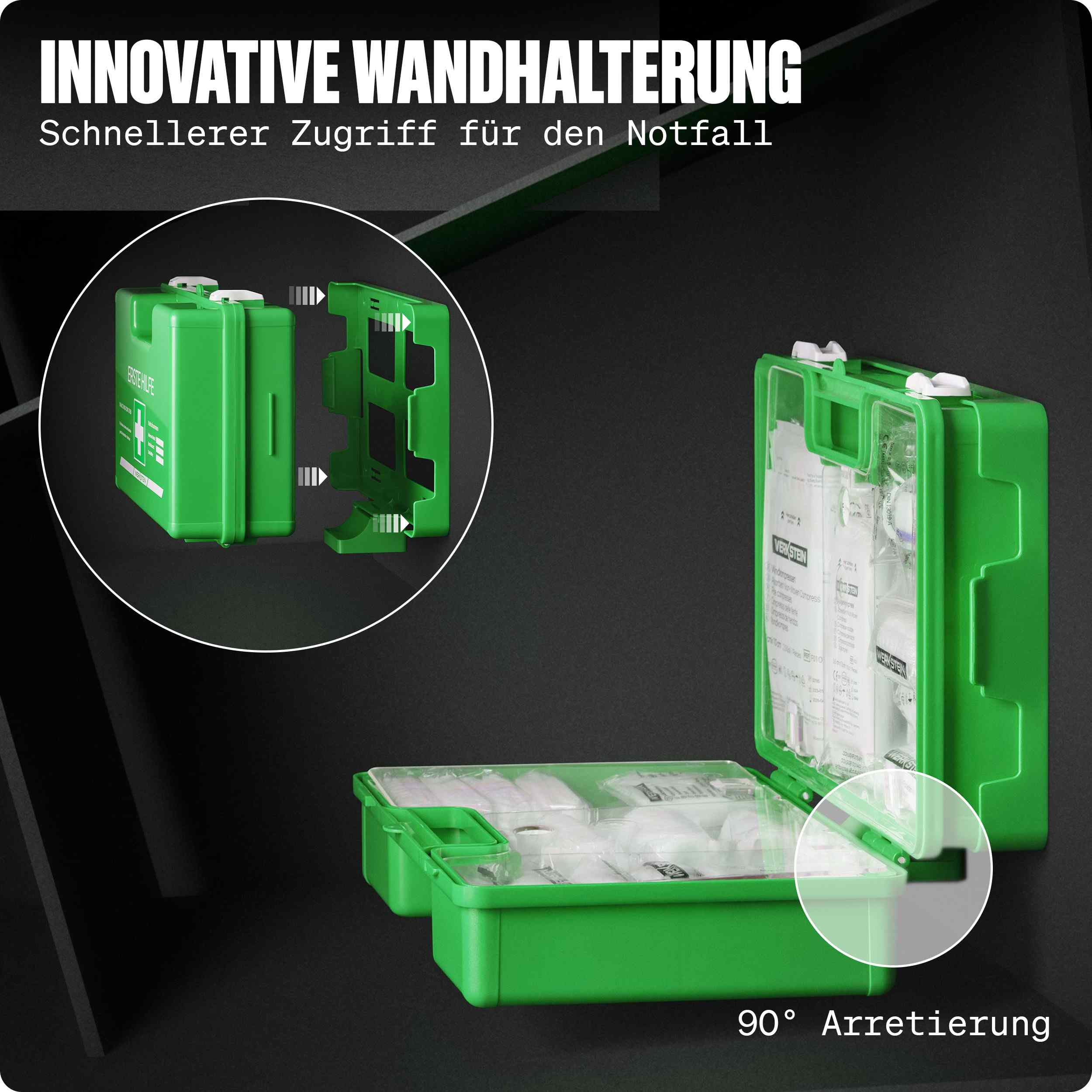 WERKSTEIN Erste Hilfe Verbandskasten DIN 13157 grün mit Wandhalterung